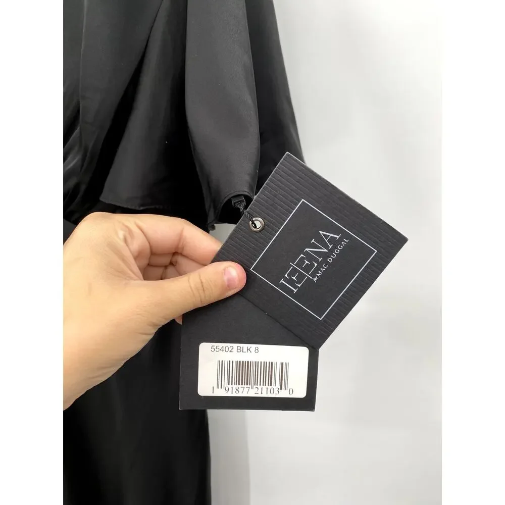 Ieena Mac Duggal 8 Black Satin Flutter Sleeve NWT